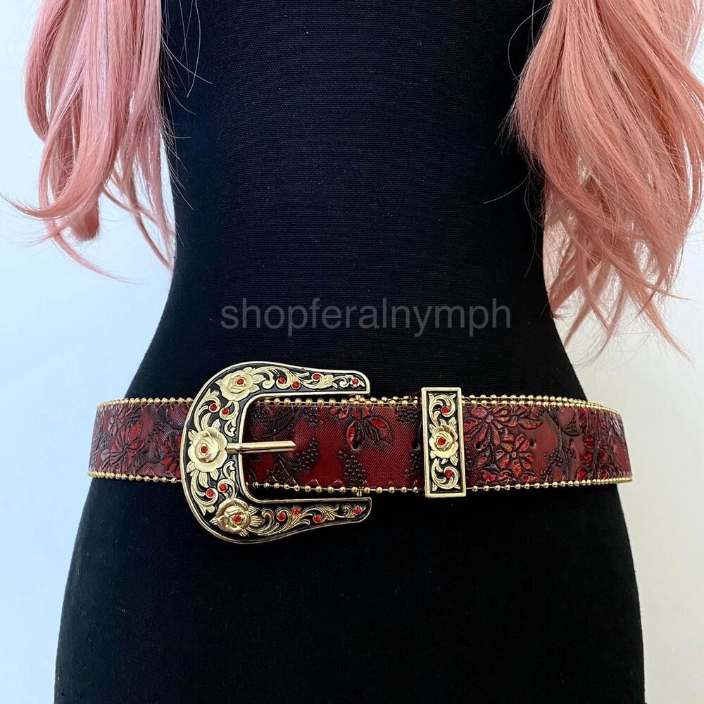 Red Floral Embossed Rose Buckle Western Y2K Belt, Fits 32.5-41 Inches, X7GA1290